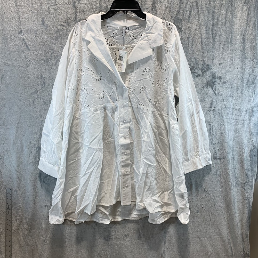 Raviya Women's Swimsuit Cover Up 2X Plus White Eyelet Long Sleeve Button Up